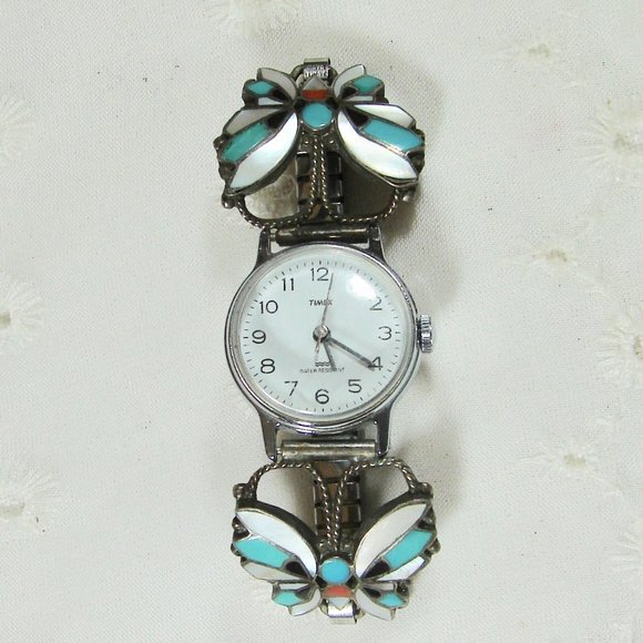 Vintage Sterling RA Wallace Signed Butterly Zuni Turquoise, MOP watch band main image 4